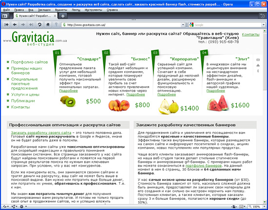 Услуги и цены киевской веб-студии «Гравитация» 